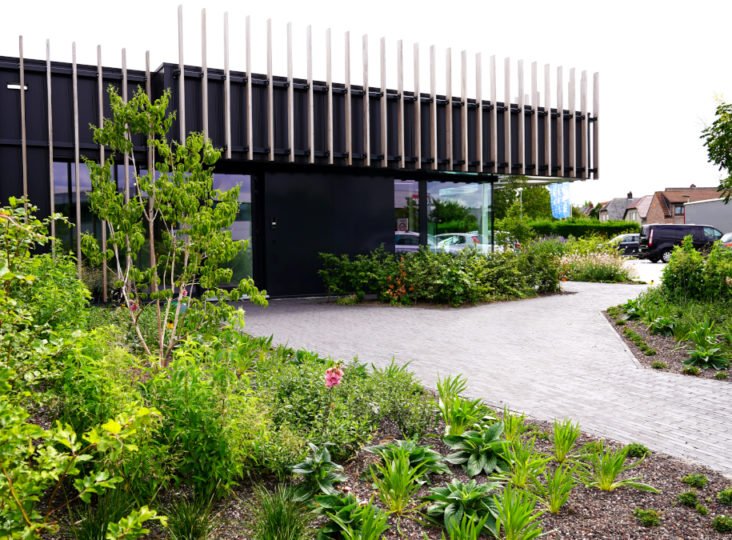 kantoorgebouw met beplanting en bomen