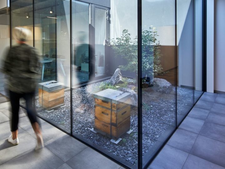 ibic gebouw gang met uitzicht op patio met bijenkasten